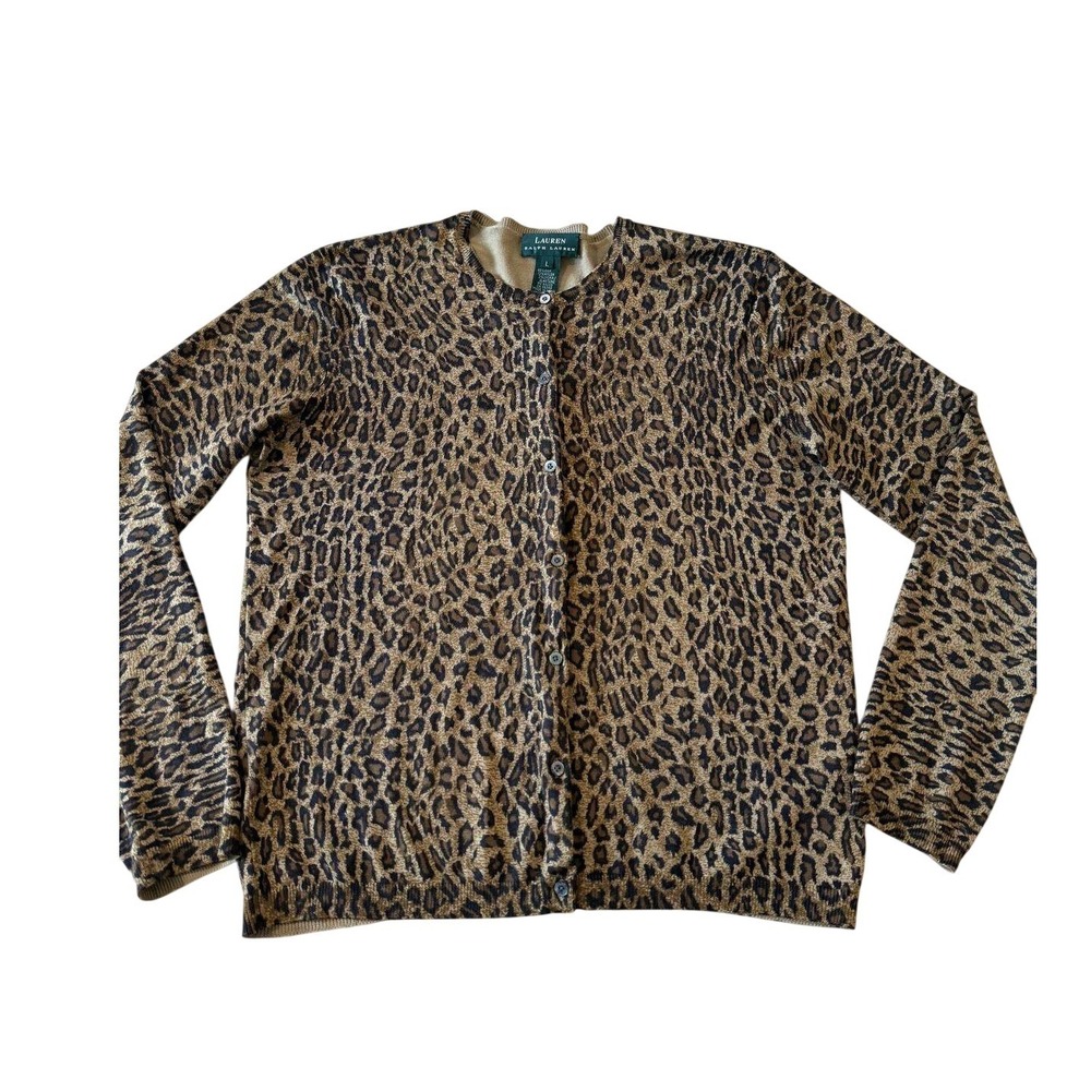 Lauren Ralph Lauren Silk Blend Leopard Print Cardigan Sweater Brown Tan Large